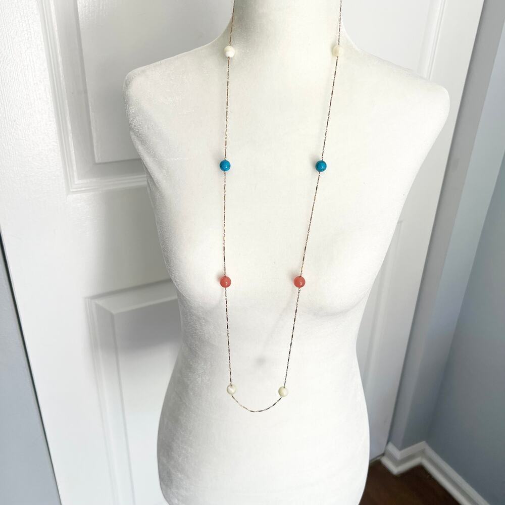 Gold tone link two way station beaded necklace rose, white, and turquoise beads